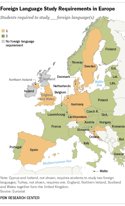 Foreign Language Study requirement Map in Europe Map of Foreign Language Study Requirement in Europe