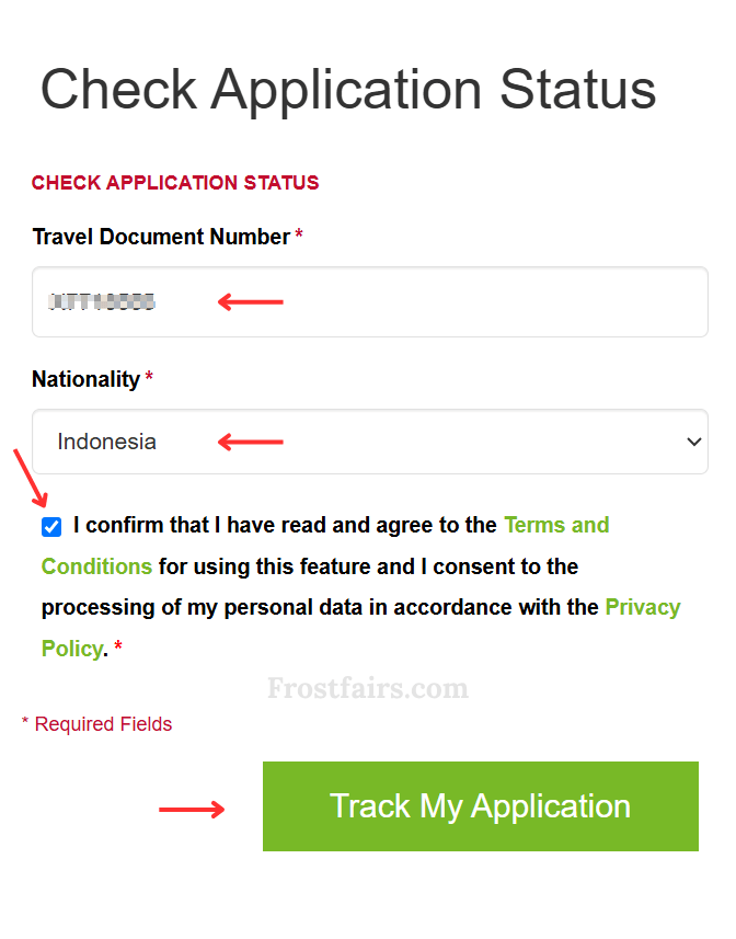 EMGS student visa application status check form with passport number and nationality fields