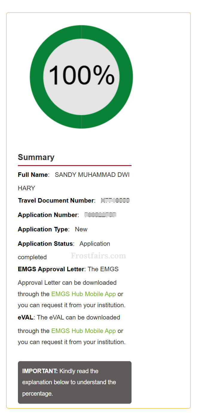 EMGS student visa application status result showing 100 percent completion