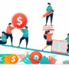 Students balancing money and studies on a seesaw, symbolizing how to save money in college while managing education and lifestyle.