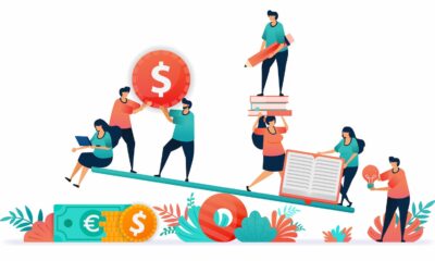 Students balancing money and studies on a seesaw, symbolizing how to save money in college while managing education and lifestyle.