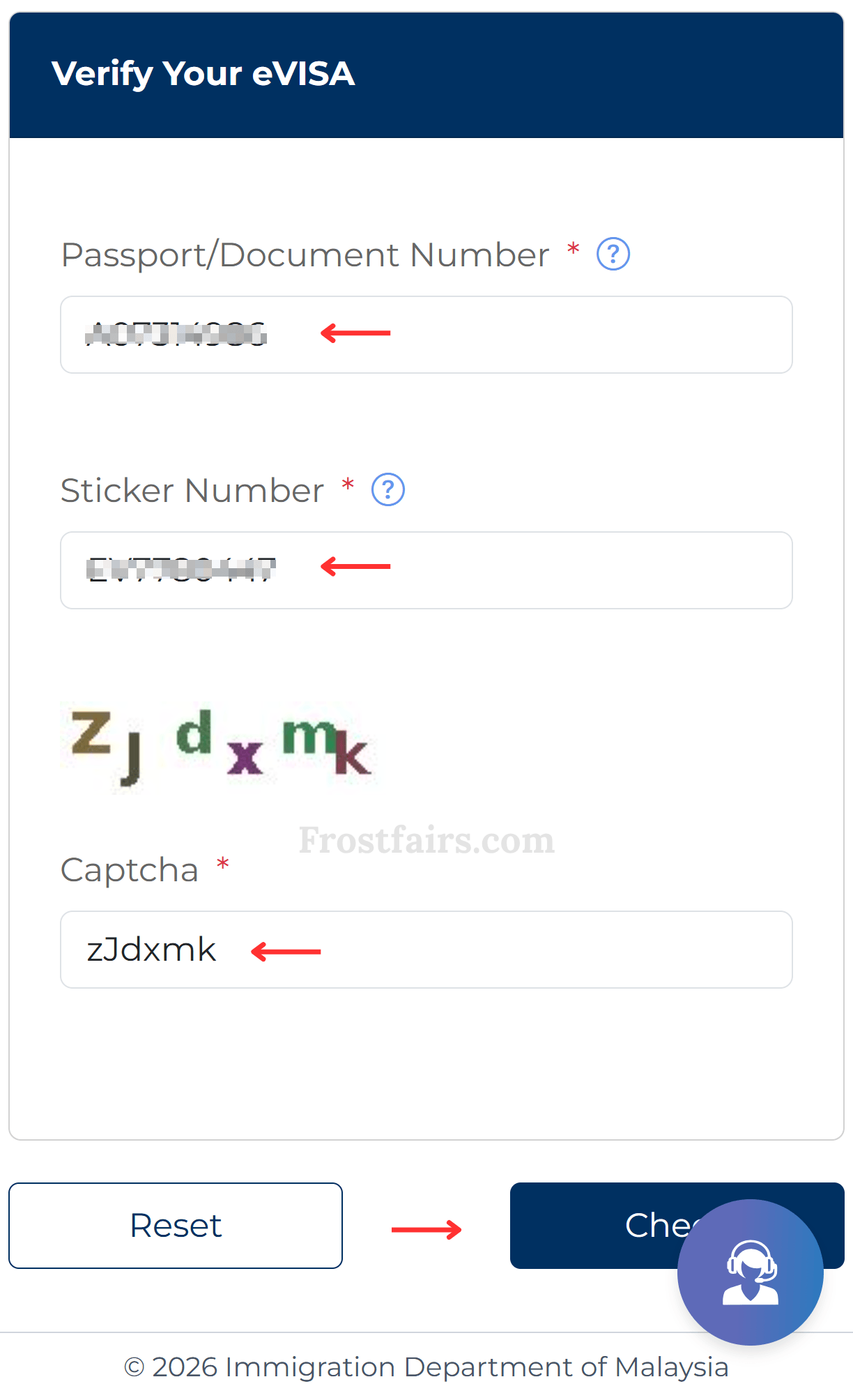 Malaysia eVisa verification form for passport and sticker number