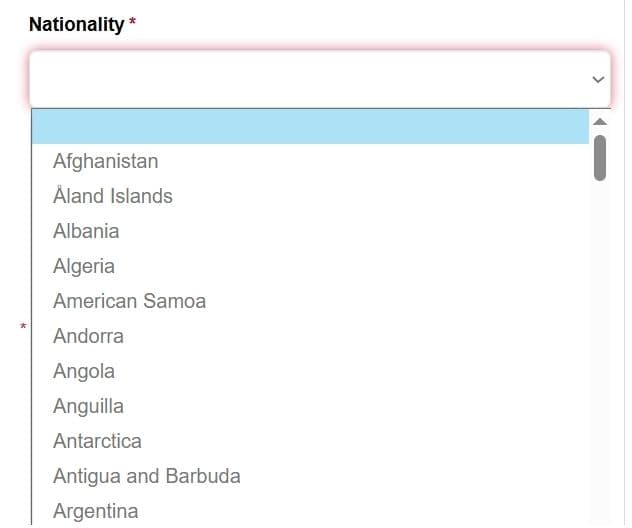 Choosing nationality on EMGS visa portal. Selecting applicant nationality on EMGS Malaysia student visa online check portal.