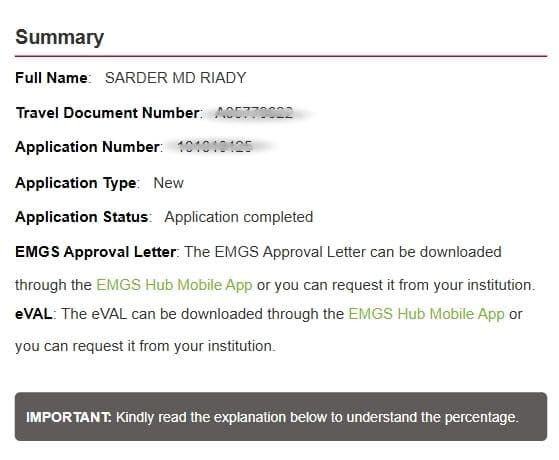 Final visa approval status on EMGS. Final approved status of Malaysia student visa shown on EMGS online portal.