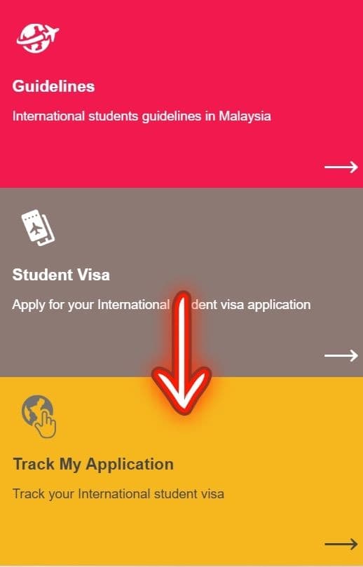 EMGS student visa dashboard. Screenshot of EMGS visa dashboard for Malaysia student visa application status check.
