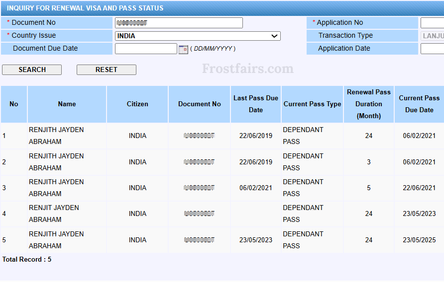 MyIMMs result showing a Dependent Pass and Multiple Entry Visa records