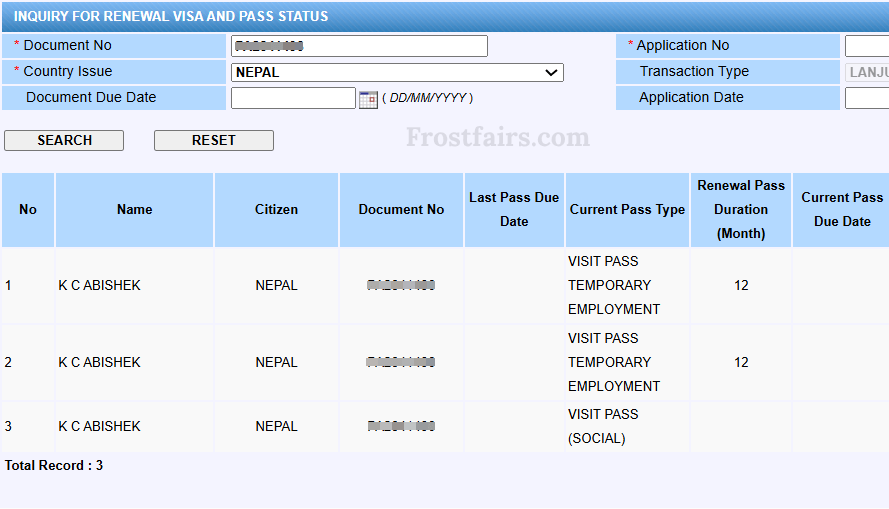 MyIMMs result showing Temporary Employment Pass and Multiple Entry Visa records