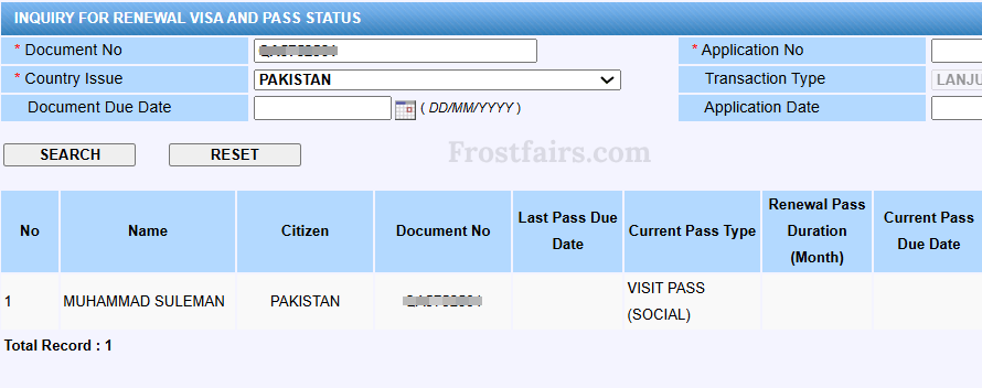 MyIMMs result showing a Social Visit Pass and Single Entry Visa record