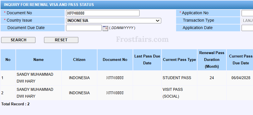 MyIMMs result showing a Student Pass and Multiple Entry Visa record