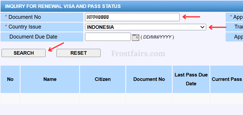 MyIMMs visa check form with passport number and country of issue entered