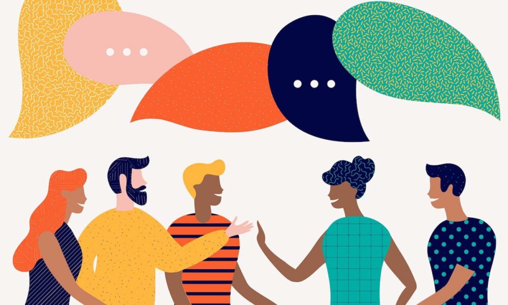 Modern illustration of diverse students with colorful speech bubbles, representing inspiring study abroad quotes and global perspectives.