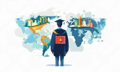 Benefits of studying abroad shown as a graduate exploring global opportunities on a world map — why study abroad opens networks, skills, and cultural growth.